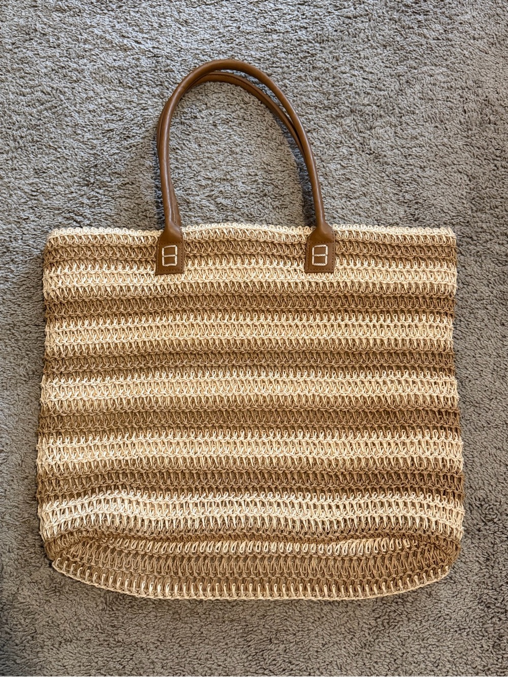 Straw Studios Woven Striped Tote in Brown & Cream